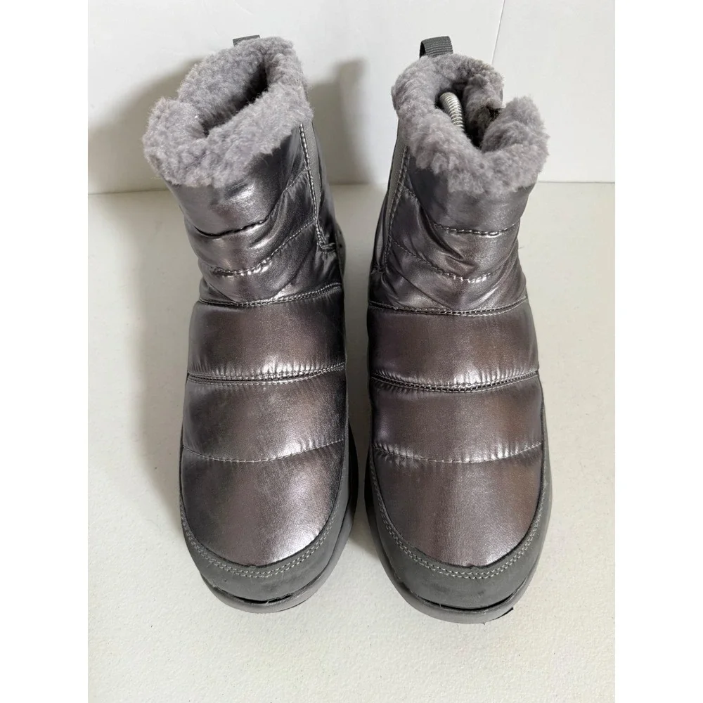 Bearpaw Women Grey Metallic Puffer Ankle Boots Faux Fur Lined Winter Size 9